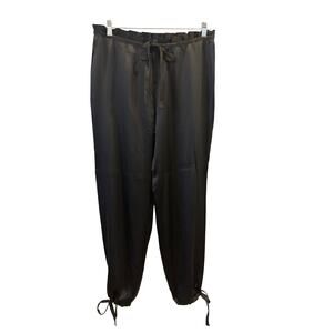 Hale Bob 100% Silk Black Satin Drawstring Jogger Pants Ruffle Waist,  Size L